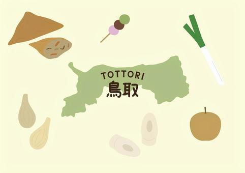 鳥取イラストセット 島根,らっきょう,梨,ネギ,いただき,とうふちくわ,だんご,地図,ご当地,観光地のイラスト素材