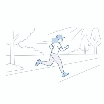 屋外を走る女性の後ろ姿全身イラスト素材 人物,女性,ランニング,走る,運動,スポーツ,健康,全身,社会人,白背景のイラスト素材