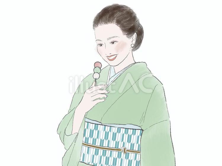 着物姿の女性と三色だんご（微笑む） 着物,和装,女性のイラスト素材