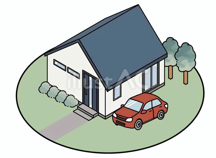 青い屋根の平屋と車 平屋,住宅,家のイラスト素材