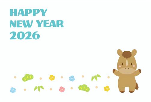 2026年のかわいい馬の年賀状03 年賀状,馬,午,午年,2026年,正月,お正月,フレーム,背景,賀詞のイラスト素材
