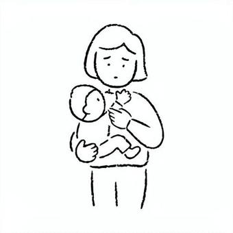手描きの子どもを抱く母親_白黒 母親,お母さん,子育て,抱っこ,赤ちゃん,子ども,心配,不安,悩み,ストレスのイラスト素材