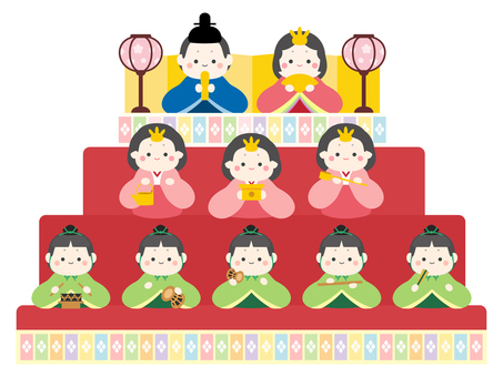 ひな祭りの雛人形の段飾り ひなまつり,ひな人形,春,ひな祭り,花,おひなさま,3月,お雛様,雪洞,ひな壇のイラスト素材