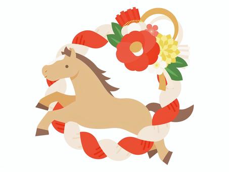 年賀状2026の茶馬としめ縄の単品343 年賀状,2026年,干支,しめ縄,縁起物,輪くぐり,ツバキ,走る,おしゃれ,めでたいのイラスト素材