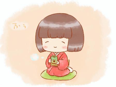 座敷童ちゃん 座敷童,着物,お茶,休憩,ひと休み,冬,和風,子供,和服のイラスト素材