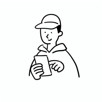 スマホを使う笑顔の男性 笑顔,スマホ,携帯電話,使う,操作,検索,男性,帽子,インターネット,コミュニケーションのイラスト素材