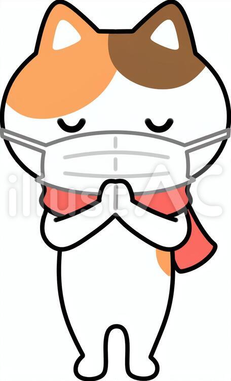 マスクをして手を合わせる猫 猫,動物,マスクのイラスト素材