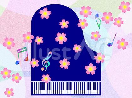 ピアノと桜と音符の音楽イメージイラスト