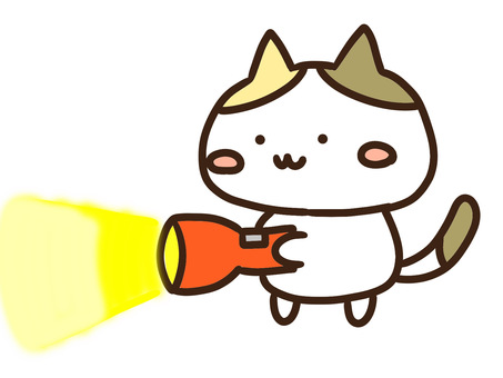 懐中電灯で灯りを照らすかわいい三毛猫 懐中電灯,灯り,光,照らす,ねこ,夜,防災,安全,探検,キャンプのイラスト素材