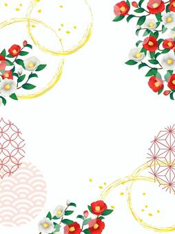 和柄、椿の花のフレーム、背景04 椿,和柄,和風,フレーム,和,背景,水彩,寒椿,花,金のイラスト素材