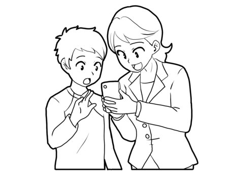 【白黒】スマホの使い方【線画】 スマホ,教える,ネットリテラシー,少年,女性,白黒,線画のイラスト素材