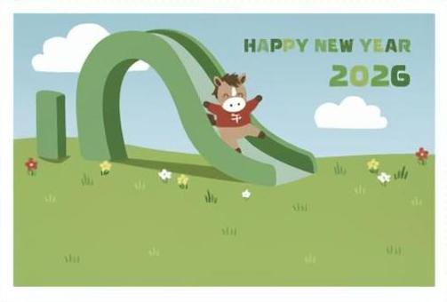 「う」のすべり台をすべる馬 2026,2026年,年賀状,年賀,年賀はがき,新年,謹賀新年,あけましておめでとう,令和8年,馬のイラスト素材