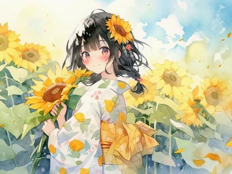 Illustration, sunflower, girl, flower, 