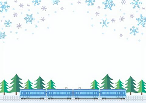 雪の中を列車（横）が走る冬の背景5_2 冬,電車,背景,旅行,雪,もみの木,木,4両,横,横向きのイラスト素材