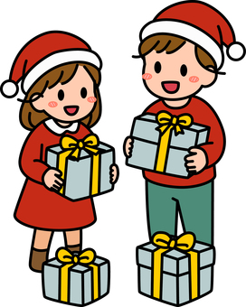 グレーのプレゼントを貰う男子女子です。 プレゼント,シンプル,ギフト,喜ぶ,受け取り,サプライズ,笑顔,贈り物,手渡し,お祝いのイラスト素材