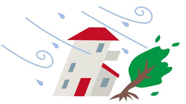 台風で家と木が吹き飛ばされそうなイラスト 台風,家,木,雨,災害,強風,嵐のイラスト素材