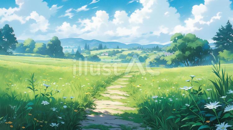 夏の空と美しい草原2 夏,空,草原のイラスト素材