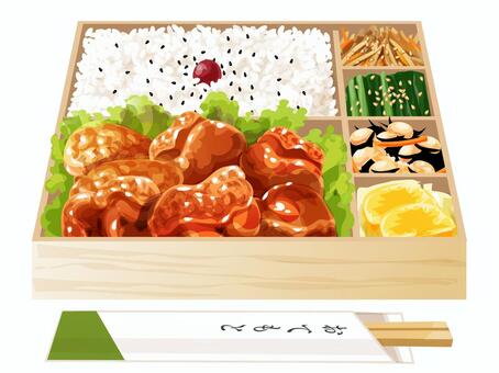 照り焼きチキン弁当（折詰） 照り焼きチキン,弁当,昼食,料理,食べ物,ご飯,梅干し,ごま,レタス,たくあんのイラスト素材