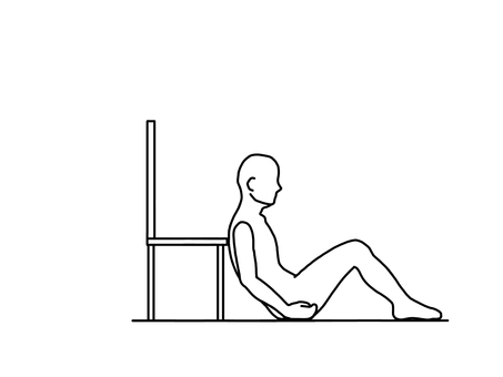 椅子の前に膝を立てて座る人 座位,猫背,悪姿勢,骨盤後傾,横向き,線画,白黒のイラスト素材