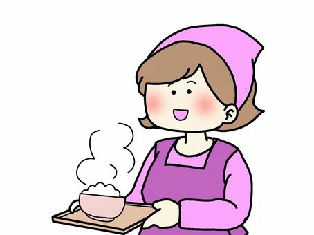 ご飯を配膳する女性 ご飯を配膳する女性 ご飯,配膳,女性,エプロン,かわいい,炊きたて,笑顔のイラスト素材