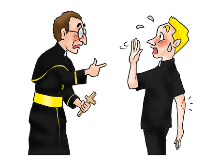 君、感染してないよね？ 人物,大人,男性,外国人,2人,神父,感染,汗,十字架,歯型のイラスト素材