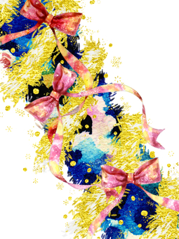 ​水彩と金とリボンのクリスマスリース クリスマス,クリスマスリース,リース,枠,水彩,水彩風,金,ゴールド,リボン,ピンクのイラスト素材