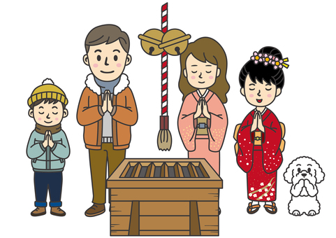 初詣-家族4人・犬 4人,家族,パパ,ママ,子供,息子,娘,弟,若夫婦,育児のイラスト素材