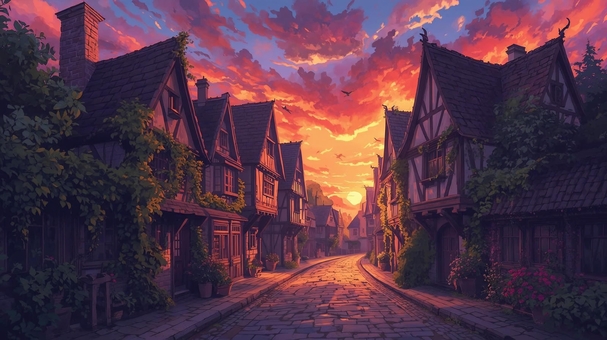 夕日が沈むファンタジー世界の街並み