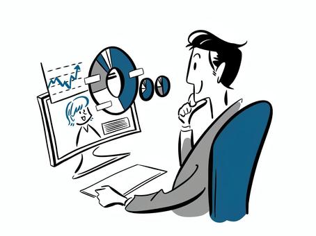 パソコンでデータを見る男性 会社員,社会人,サラリーマン,営業マン,ビジネスマン,ビジネスパーソン,労働,労働者,仕事,笑顔のイラスト素材