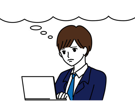 An office worker thinking while looking at a computer (with speech bubble), to think about, to worry, computer, JPG and PNG