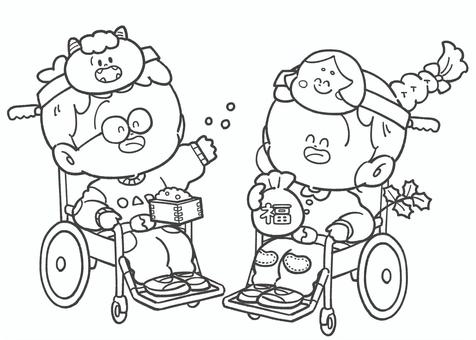 節分の白黒手描きイラスト5 節分,車椅子,2月,豆まき,白黒,手描き,子ども,鬼,福の神,豆のイラスト素材