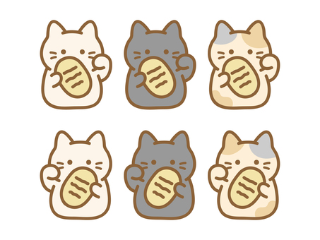 招き猫イラストセット茶色の画線 猫,招き猫,正月,お正月,年賀状,縁起物,手描き,かわいい,デフォルメ,ねこのイラスト素材