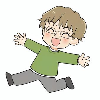 喜んで飛び跳ねる男性３（メガネ） 喜ぶ,飛ぶ,ジャンプ,跳ねる,飛び跳ねる,男性,眼鏡,わーい,笑顔,全身のイラスト素材