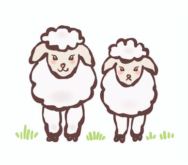 かわいい二頭の羊が並ぶ、未年アイコンと草 羊,未,未年,動物,ベクター,ヒツジ,笑う,笑顔,イラスト,筆のイラスト素材