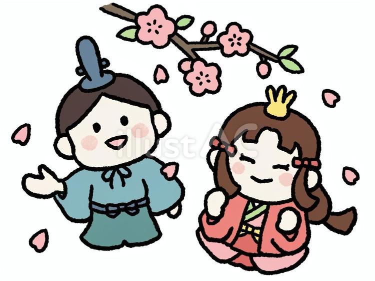 桃の花を見上げるお雛様とお代理様 お雛様,お代理様,ひな祭りのイラスト素材