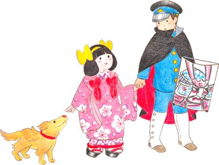 昔の子供のお正月カット2 年賀状,男の子,女の子,着物,振袖,凧,犬,手描き,色鉛筆,レトロのイラスト素材