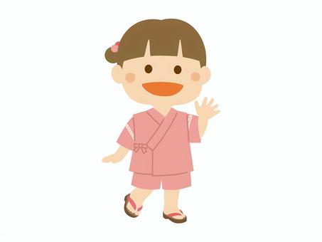 甚平の女の子1_サーモンピンク こども,甚平,おまつり,お祭り,夏祭り,縁日,夕涼み,館内着,女の子,小学生のイラスト素材