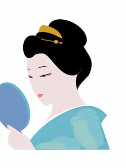 手鏡を見る日本髪の着物の女性 女形,手鏡,身だしなみ,化粧,伝統,和服,歌舞伎,着物,日本,日本人のイラスト素材