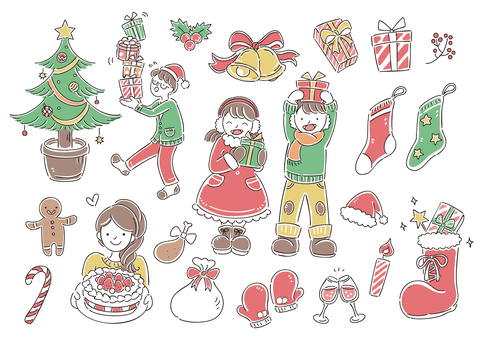 シンプルな手描きのクリスマス（家族）素材 クリスマス,家族,12月,冬,プレゼント,クリスマスツリー,靴下,クリスマスケーキ,ホールケーキ,お父さんのイラスト素材