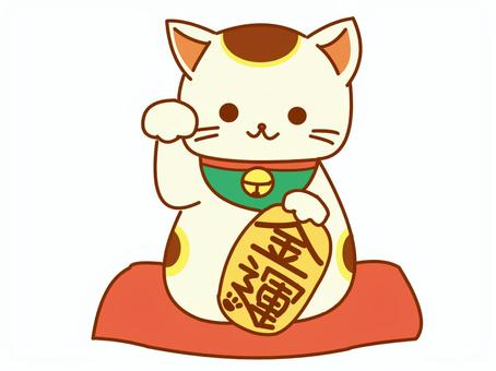 招き猫②（金運） まねきねこ,右手,金運,縁起物,可愛い,手描き,白背景,背景透過のイラスト素材