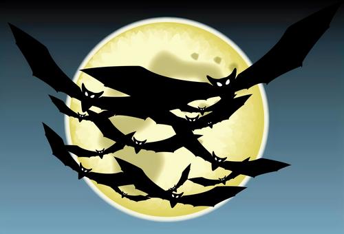 コウモリホラー コウモリ,沢山,飛ぶ,重なる,シルエット,月,浮かぶ,夜,暗い,空のイラスト素材