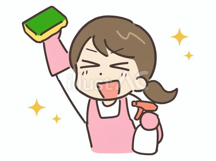 笑顔で掃除しようとしているエプロンの女性 掃除,清掃,そうじのイラスト素材
