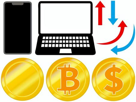 暗号資産とデバイスのセット ビットコイン,ステーブルコイン,スマホ,パソコン,コイン,お金,矢印,セット,アイコン,上昇のイラスト素材