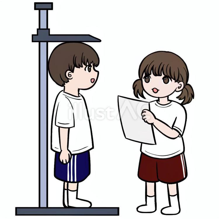 身長測定をする男の子と測ってくれる女の子 身長測定,身体測定,身長のイラスト素材