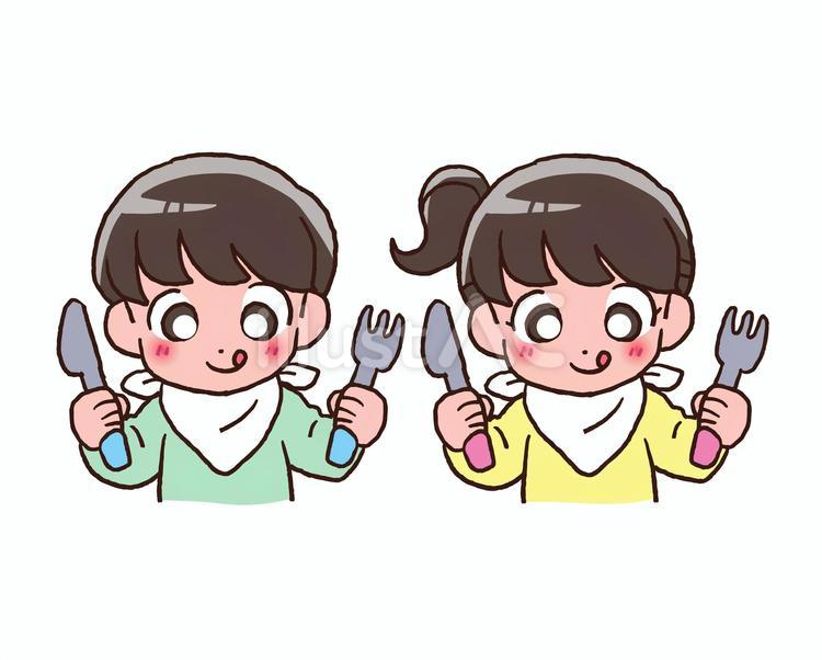 ナイフとフォークを持った子ども　イラスト 手描き,子ども,男の子のイラスト素材