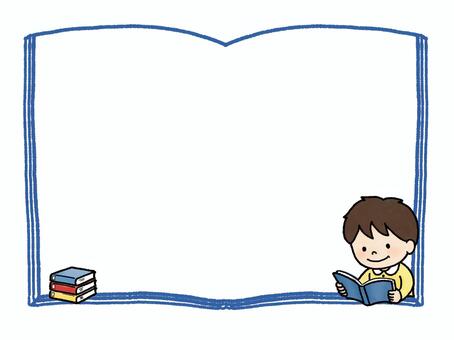 フレーム　読書をする男の子 子供,男の子,少年,幼児,児童,小学生,本,読書,積み本,本棚のイラスト素材