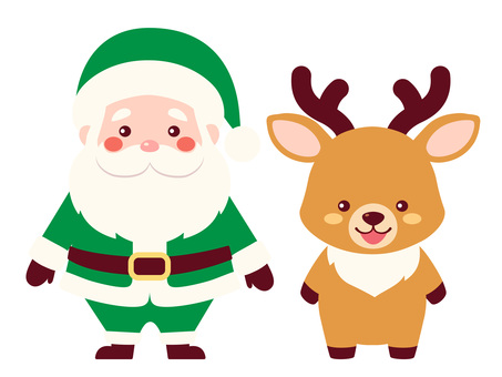 サンタとトナカイ/緑 サンタとトナカイ/緑 サンタ,トナカイ,ミニキャラ,シンプル,2頭身,サンタクロース,サンタさん,動物,人間,人のイラスト素材