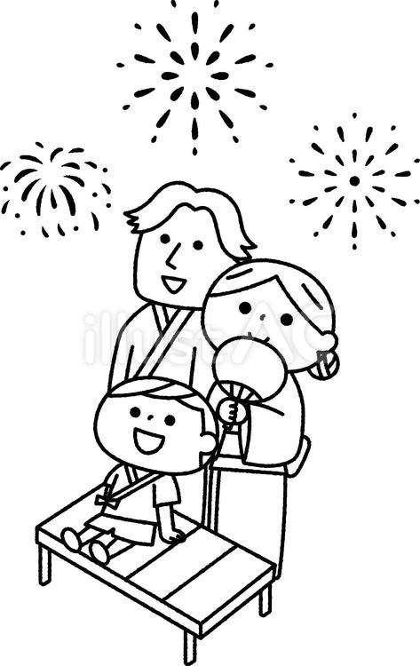 打ち上げ花火を見る親子モノクロ 人物,子供,親子のイラスト素材