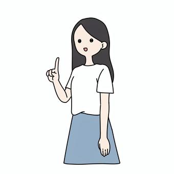 人差し指で指す半袖を着た女性 女性,女の子,黒髪,ロングヘア,半袖,人差し指,指を指す,ポーズ,白シャツのイラスト素材