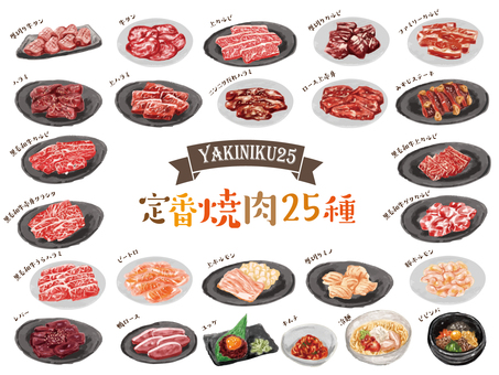 焼肉　皿あり 手描き,手書き,外食,焼肉,ランチ,夕食,牛肉,和牛,赤身,ロースのイラスト素材